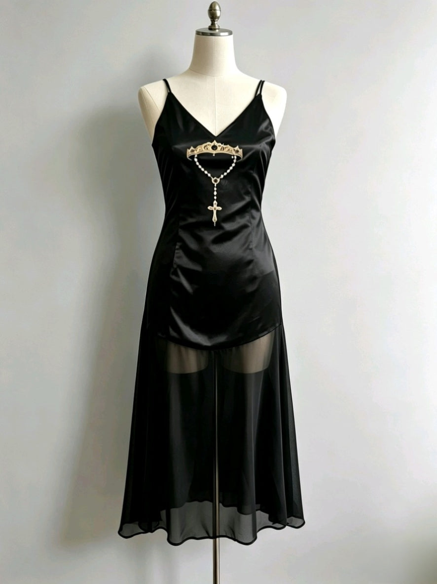 Gothic Cross Dress -  Satin Sheer Hem Midi - Size 6