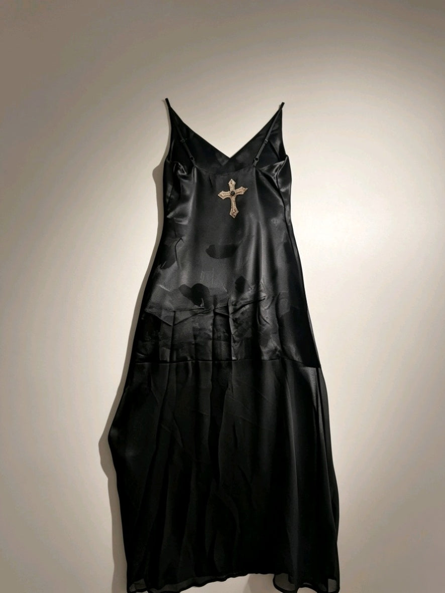 Gothic Cross Dress -  Satin Sheer Hem Midi - Size 6