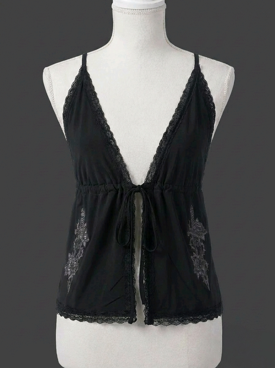Backless Black Dagger & Rose Lace Camisole – Dark Romance Adjustable Top - Size L- 14 - 16 UK