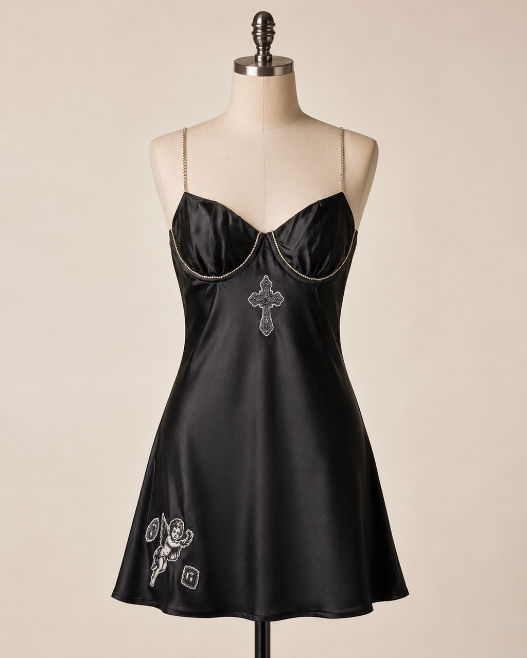 Black Satin Mini Dress with Diamante Chain Straps Gothic Angel Print - Size 10