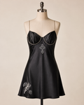 Black Satin Mini Dress with Diamante Chain Straps Gothic Angel Print - Size 10