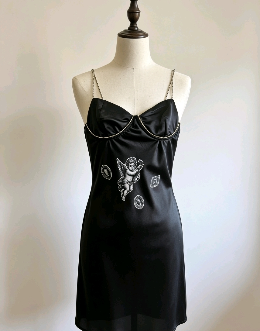 Black Satin Angel Mini Dress - Size 6