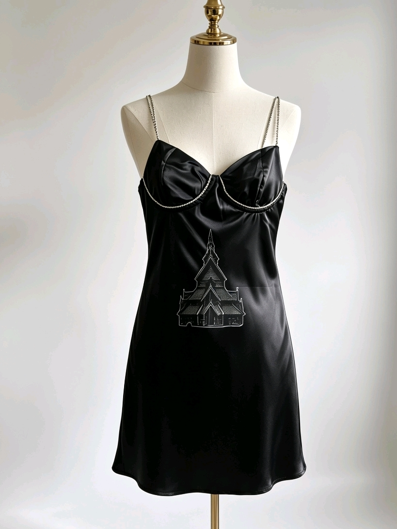 Black Satin Mini Dress Viking church with swords -Size 8