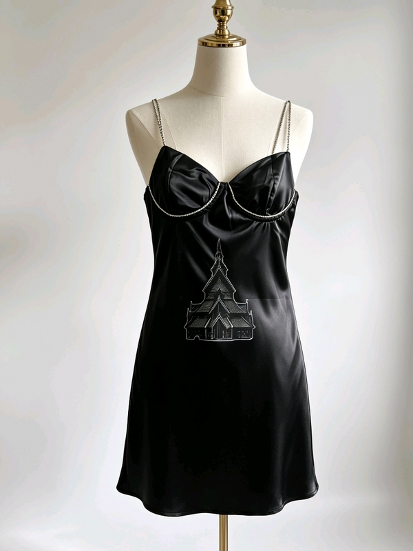 Black Satin Mini Dress Viking church with swords -Size 8