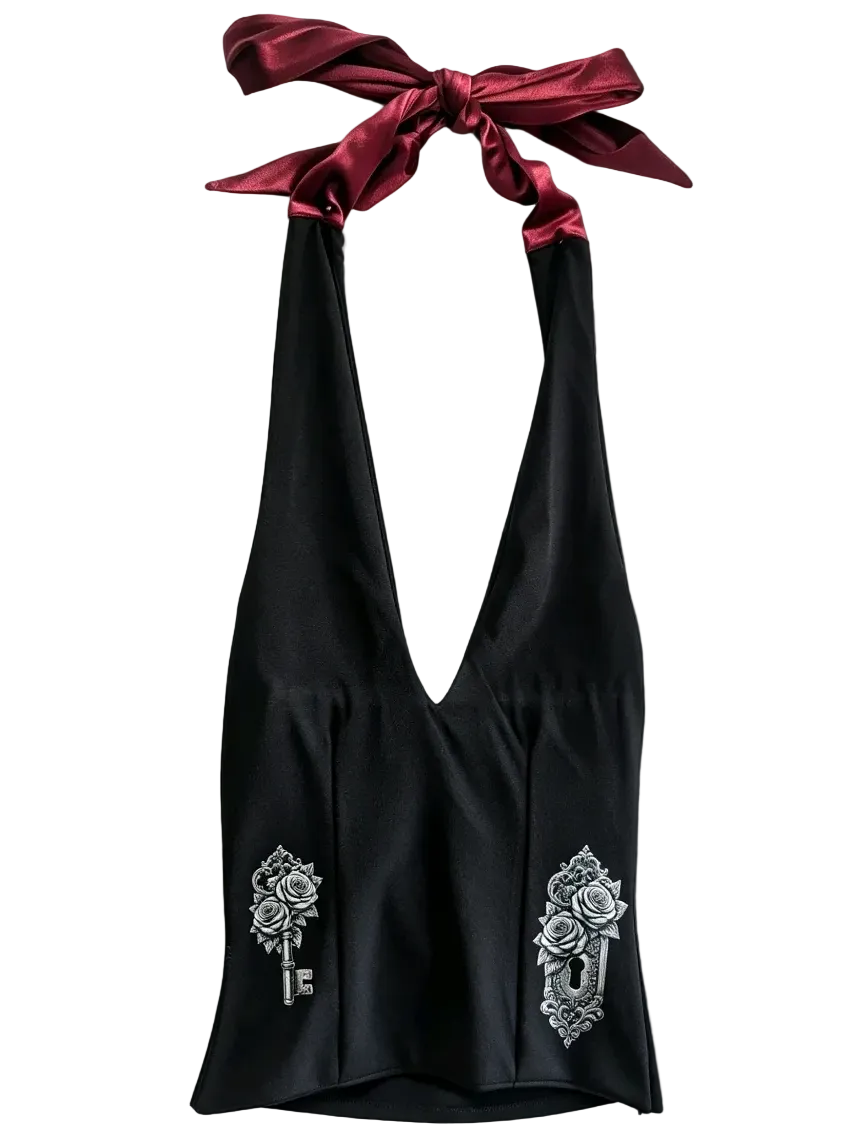 Key & Lock Halter Neck -  Gothic Rose & Key Print  -Size XS 4-6 UK