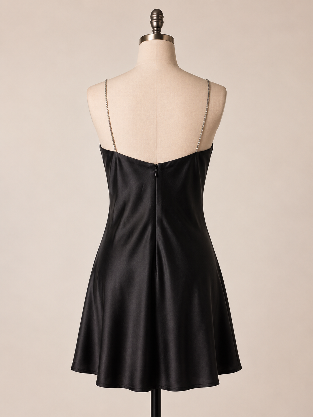 Black Satin Mini Dress with Diamante Chain Straps Gothic Angel Print - Size 10