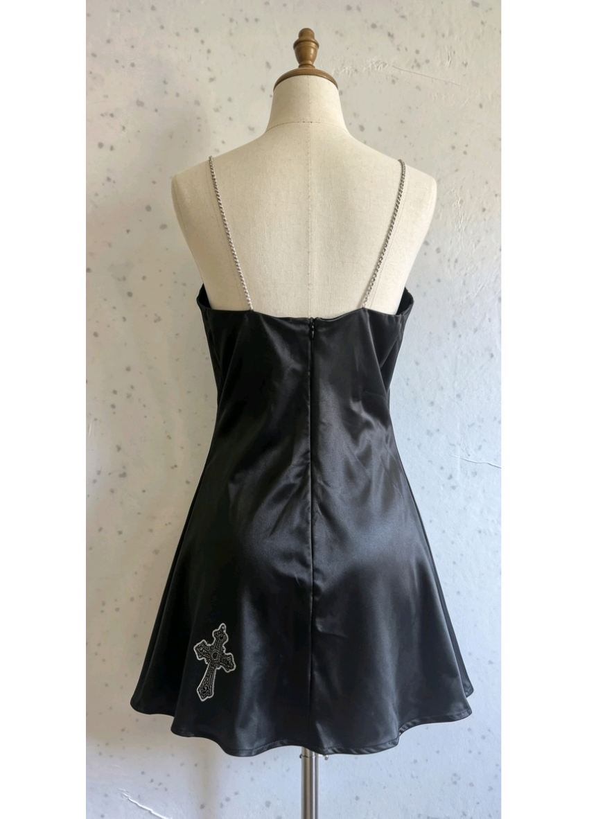 Black Satin Angel Mini Dress - Size 6