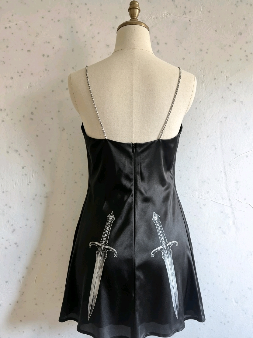 Black Satin Mini Dress Viking church with swords -Size 8