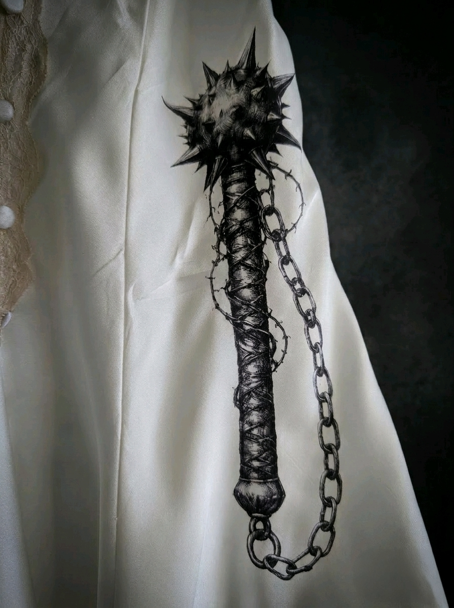 Dagger & Mace Silk Slip Dress – Hand-Printed Gothic Elegance - Size 8