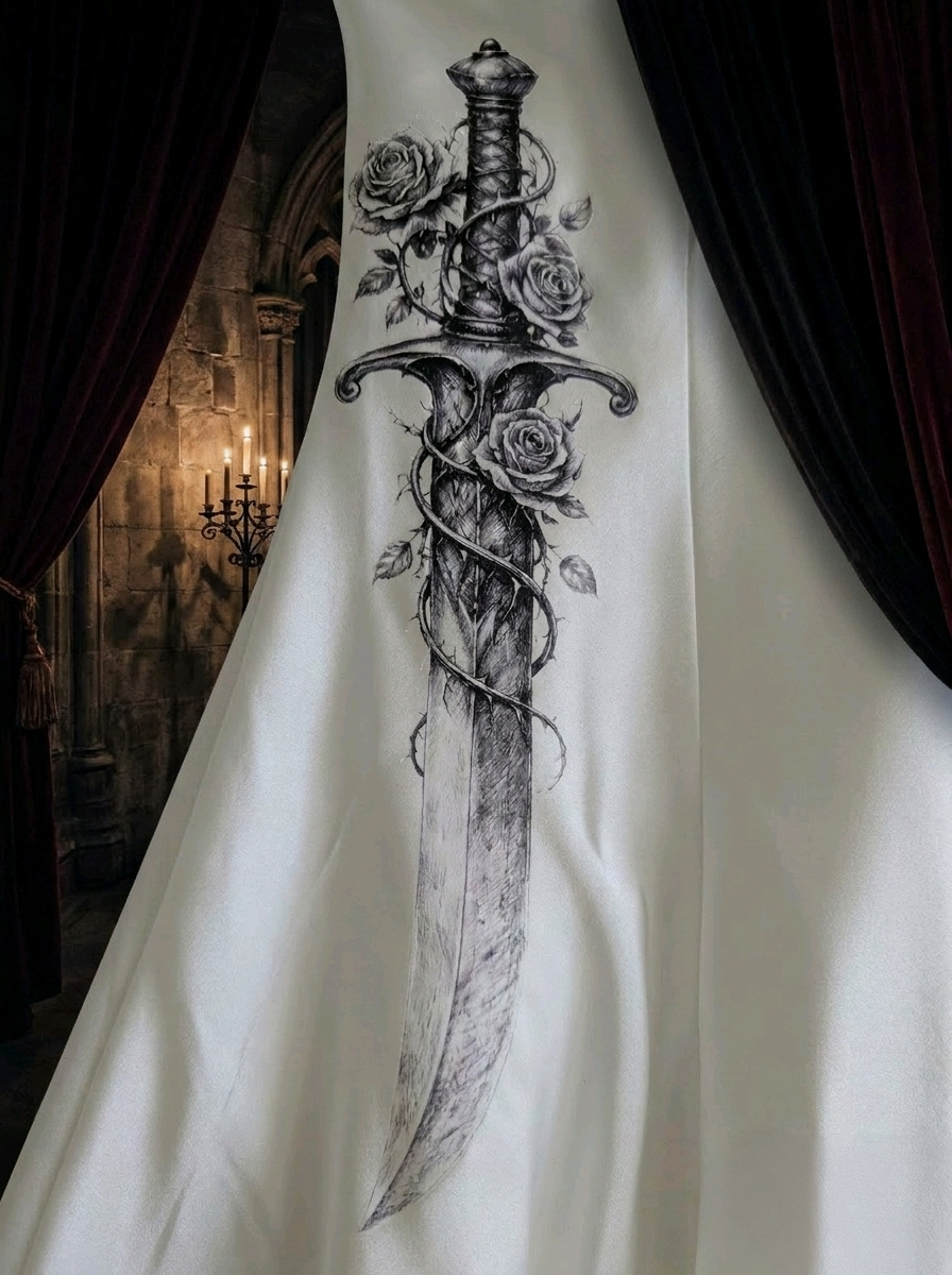 Dagger & Mace Silk Slip Dress – Hand-Printed Gothic Elegance - Size 8