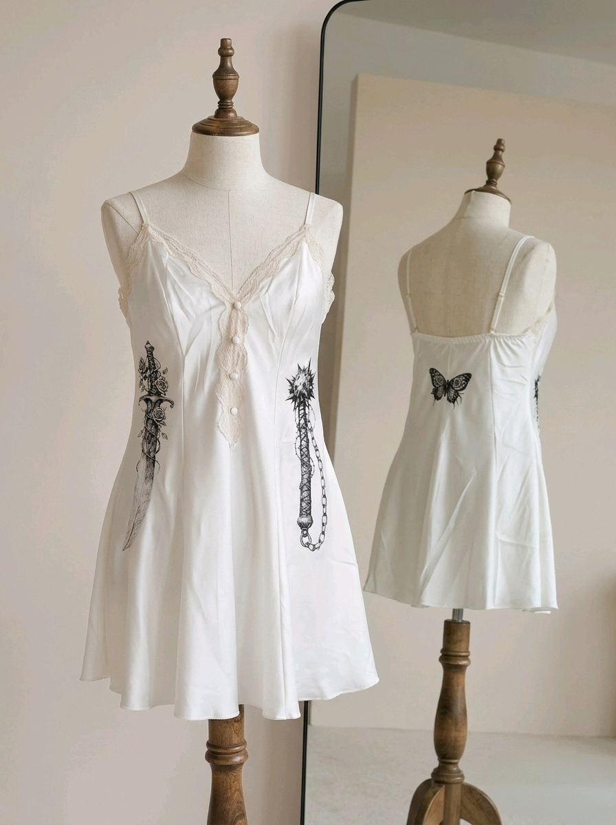Dagger & Mace Silk Slip Dress – Hand-Printed Gothic Elegance - Size 8