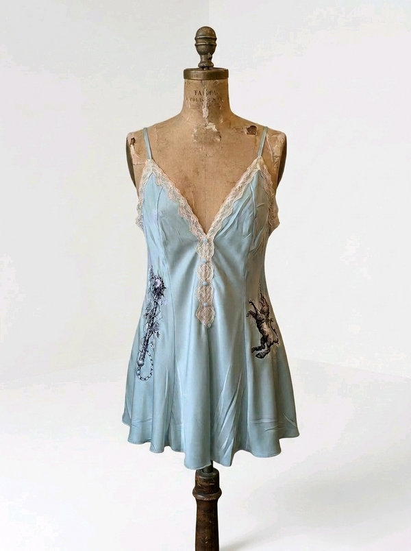Unicorn & Mace Satin Slip Dress – Soft Green Gothic Whimsy