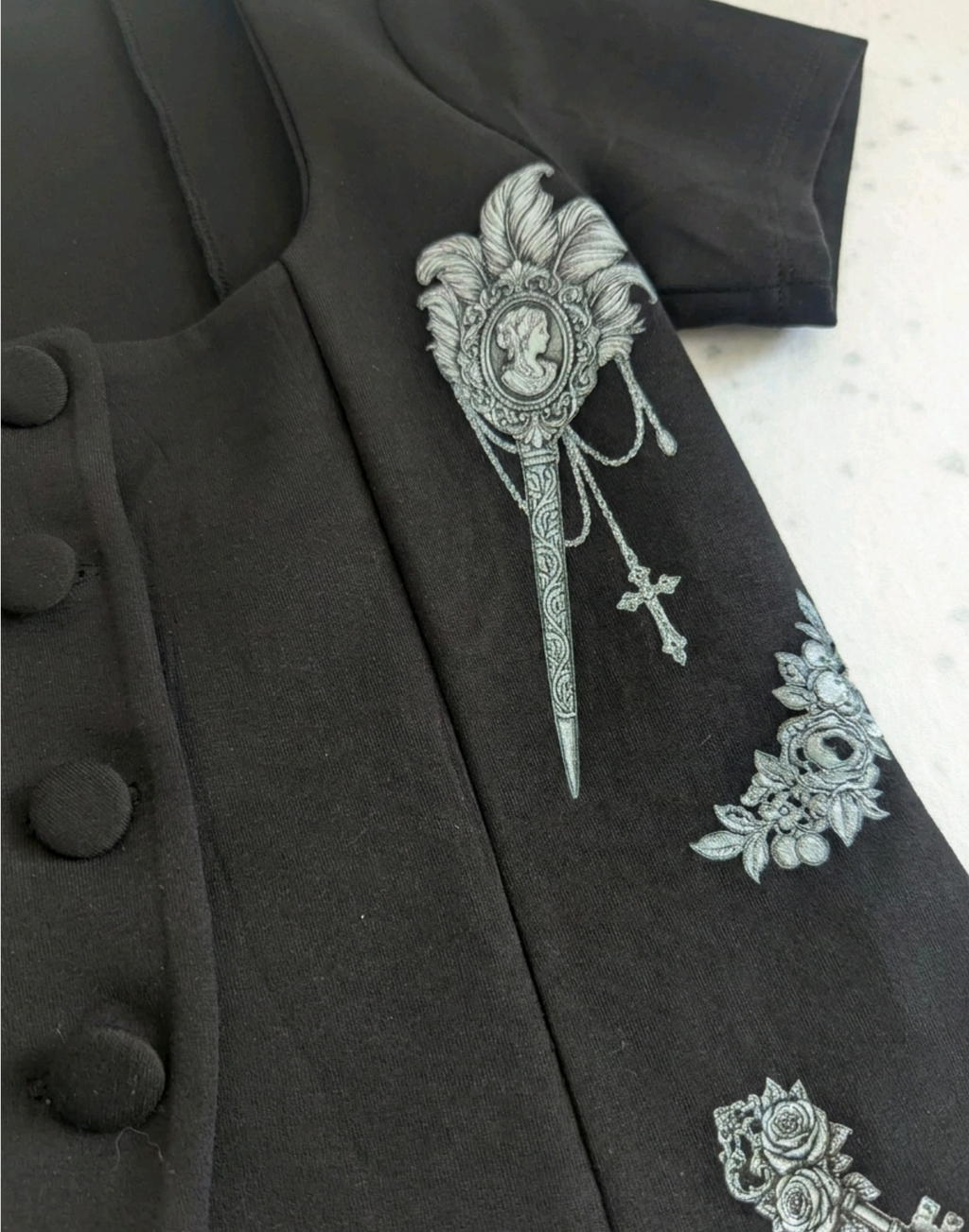 Ornate Gothic Black Fitted Top – Dark Romance - Size 8