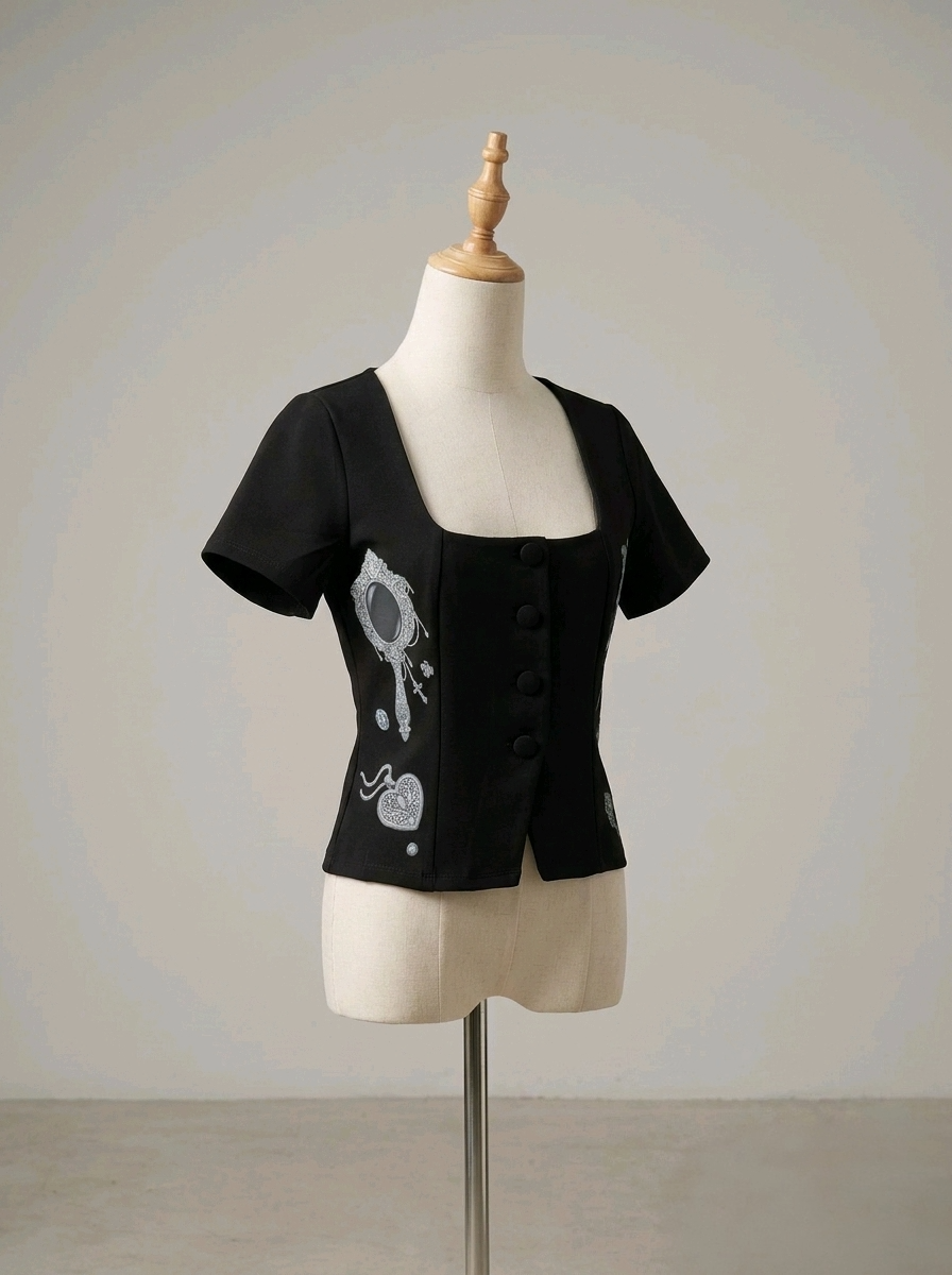 Ornate Gothic Black Fitted Top – Dark Romance - Size 8