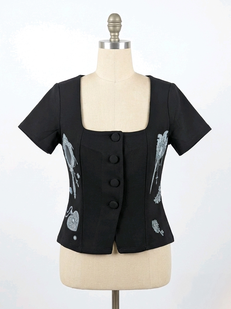 Ornate Gothic Black Fitted Top – Dark Romance - Size 8