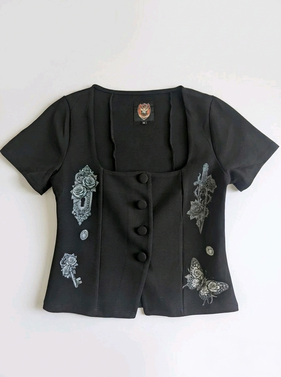 Ornate Gothic Black Fitted Top  - The Mourning - Size 10