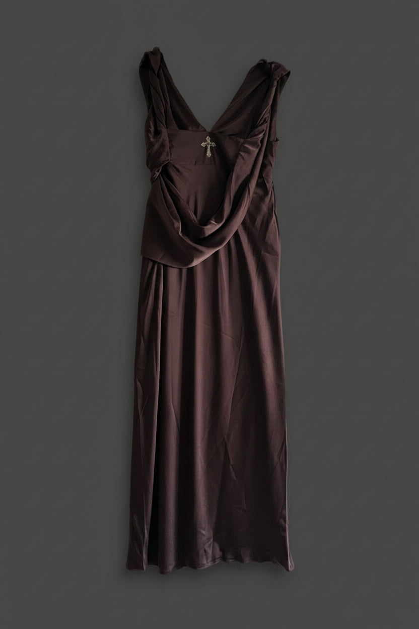 Vespers of the Veil Deep Brown Satin Midi Dress - Size 20