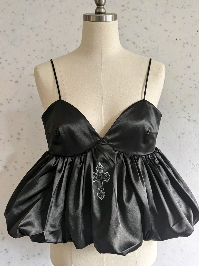 Black Satin Cross and Bug Bubble Hem Cami - Size 12