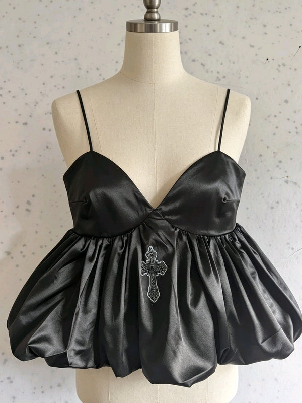 Black Satin Cross and Bug Bubble Hem Cami - Size 12